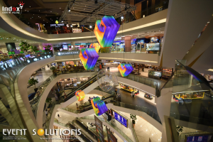 Decorative inflatable balloons installed in a shopping mall space