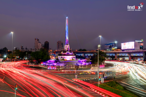 Event production lighting installation illuminating Victory Monument in Bangkok