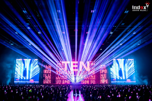 Concert event production with laser lighting effects and large LED stage visuals