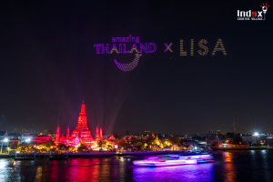 Drone show forming the Amazing Thailand x LISA logo above the Chao Phraya River