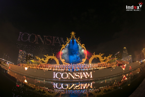 Drone show spelling ICONSIAM at a riverside launch event