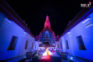 Drone show above Wat Arun with a runway setup at a live event