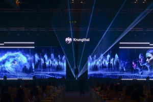 การแสดง Laser Mapping บนเวทีในงานอีเวนท์ของธนาคารกรุงไทย